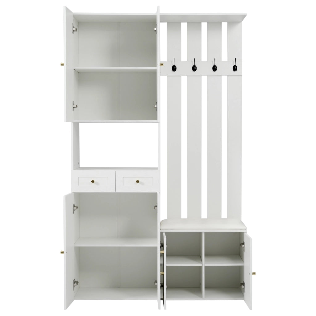 Mobile da ingresso con panca, 2 cassetti, 4 ganci e 6 ante, bianco, 110 × 37 × 180 cm