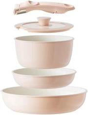 Set di Cucina in Ceramica con Maniglie Rimovibili, Panni Antiaderenti, Senza PFAS, PTFE e PFOA, Resistenti a Lavastoviglie e forno (Rosso)