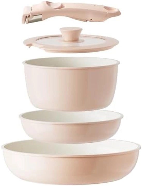 Set di Cucina in Ceramica con Maniglie Rimovibili, Panni Antiaderenti, Senza PFAS, PTFE e PFOA, Resistenti a Lavastoviglie e forno (Rosso)