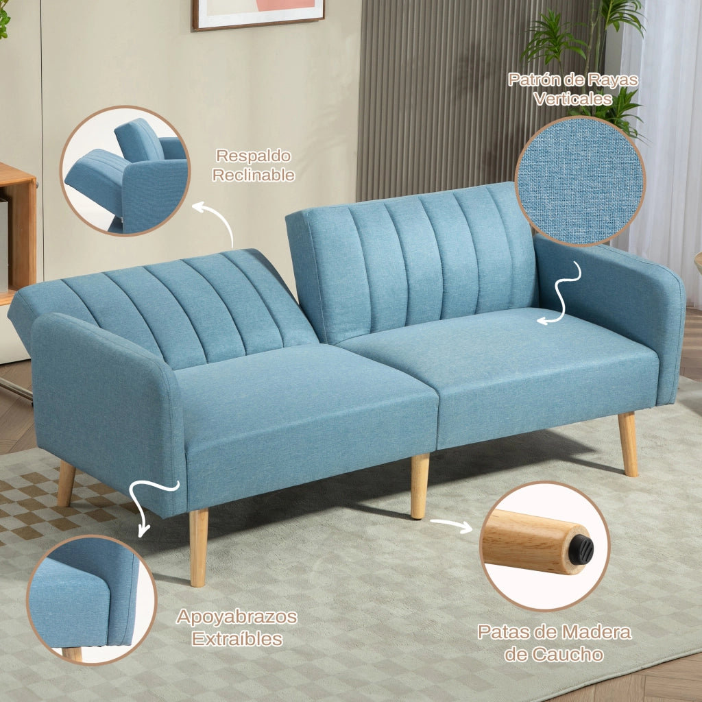 Divano Letto 2 Posti Imbottito in Tessuto con Schienale Regolabile e Braccioli Amovibili ¨C zephmum ¨C 173x75x73 Blu