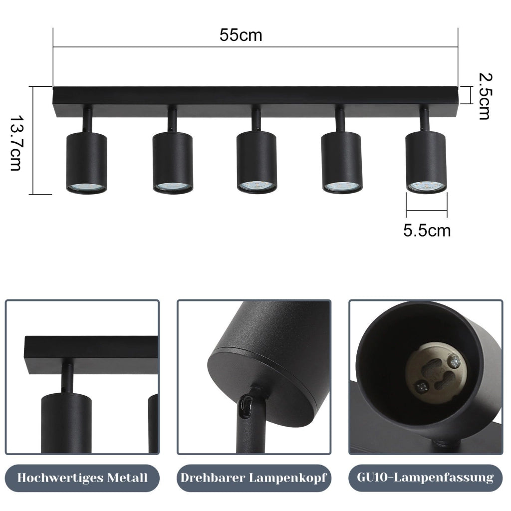 ZMH Faretto da soffitto neri 5 luci GU10 orientabili 330° stile industriale moderno per soggiorno senza lampadine