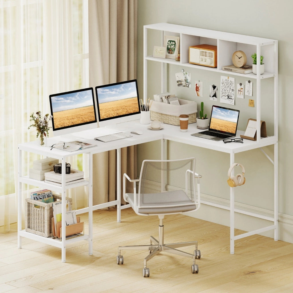 Scrivania per computer a forma di l con pensile ripiani e gancio libreria, Scrivania per computer ufficio domestico Bianco