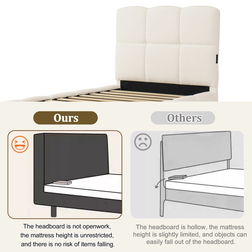 DESMIU Letto per bambini 90 × 200 cm con USB, Type-C e contenitore idraulico, senza materasso, bouclé, beige