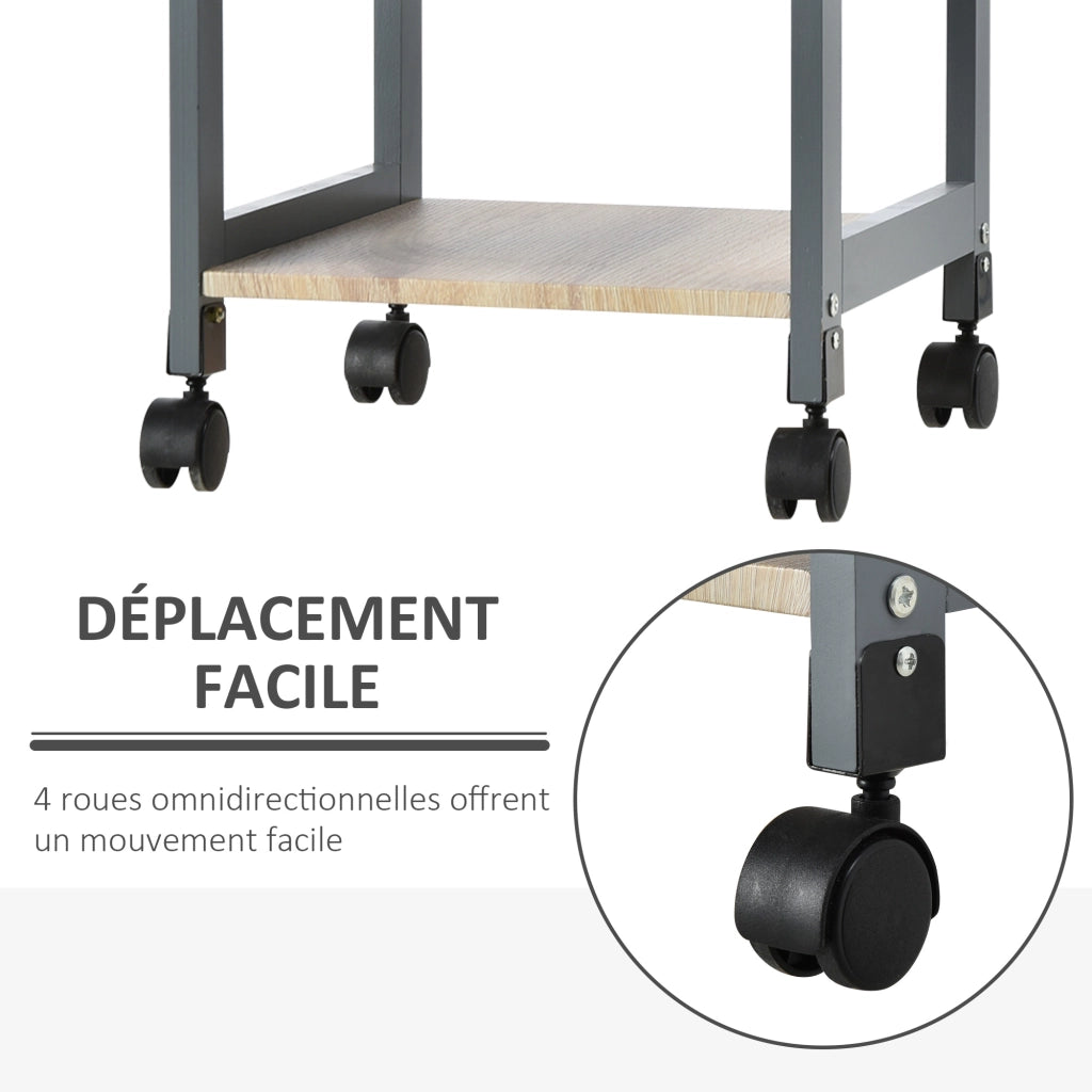 Carrello da cucina con ruote ¨C Xylo ¨C 2 ripiani + vassoio rimovibile + cassetto legno pino MDF grigio rovere chiaro