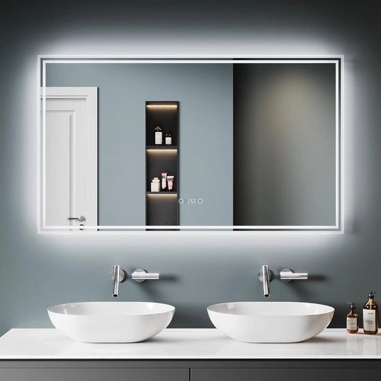Specchio da bagno con illuminazione a LED, Bluetooth 5.0 e visualizzazione dell'orario - 120x70 cm, specchio ad asciugamano anti-condensato