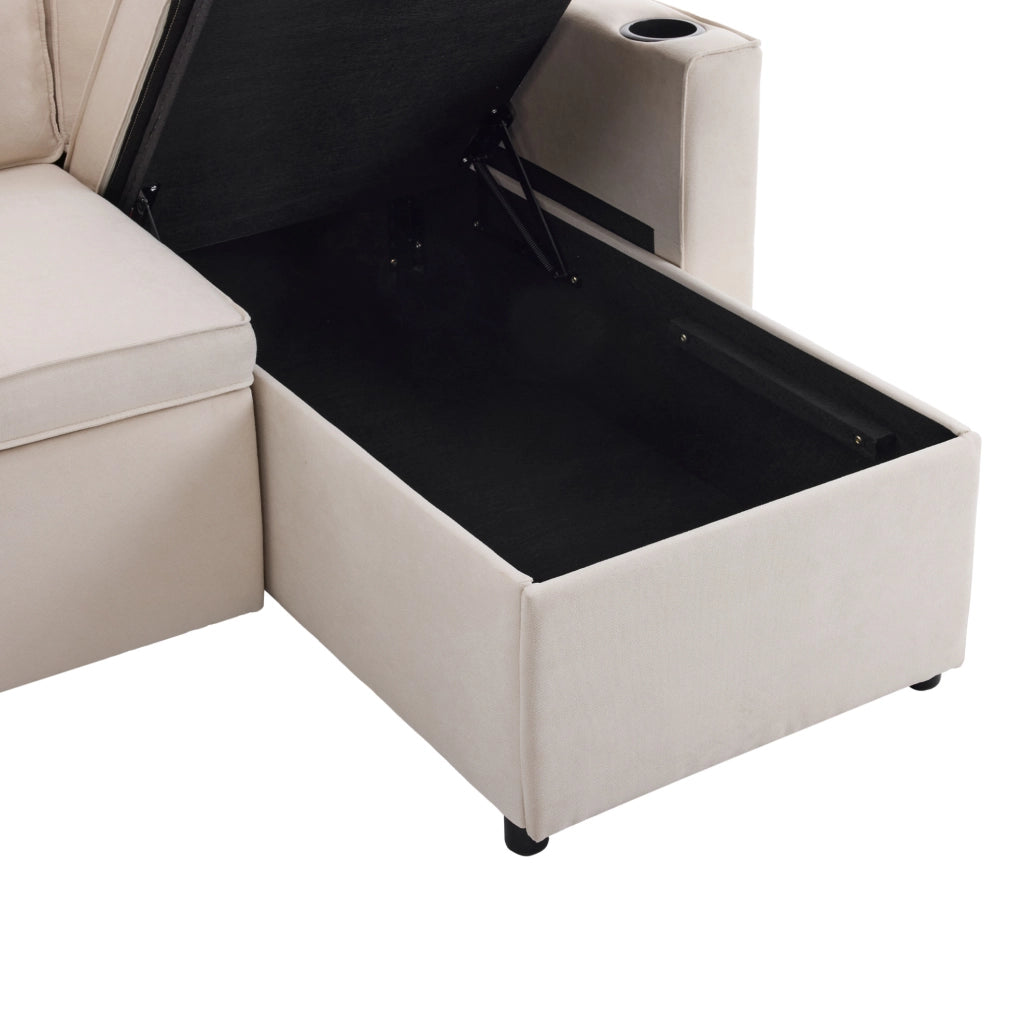 Divano letto reversibile con contenitore e portabicchieri in cotone e lino beige