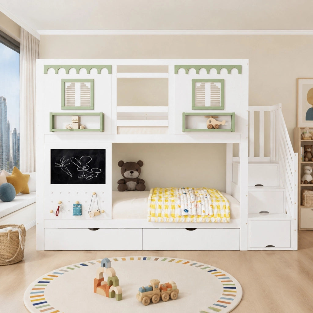Letto a castello per bambini con cassetti e scala contenitore