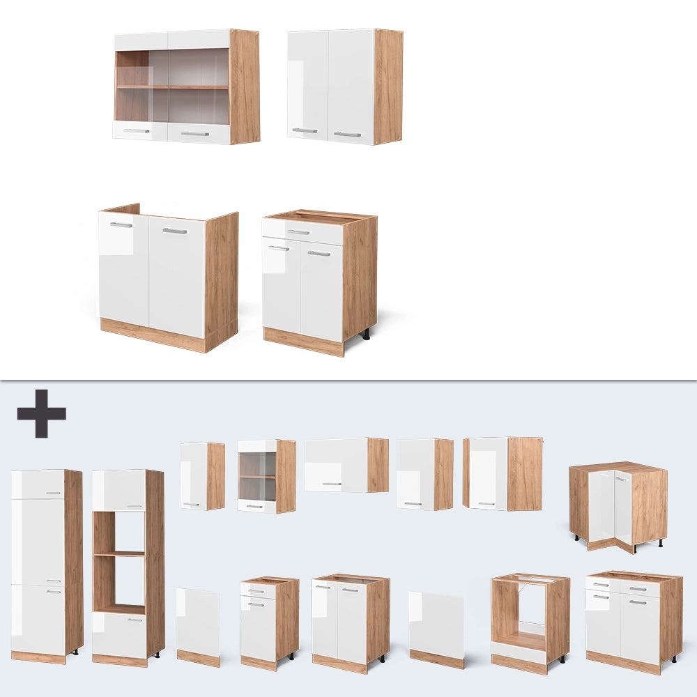 Vicco Cucina completa Bianco lucido/oro power oak 140 cm senza piano di lavoro