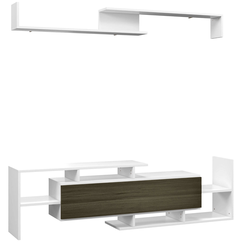 Mobile TV con Mensola a Muro-Credenza  per TV,Ripiani Aperti e Armadietto in Legno,Bianco e Nero