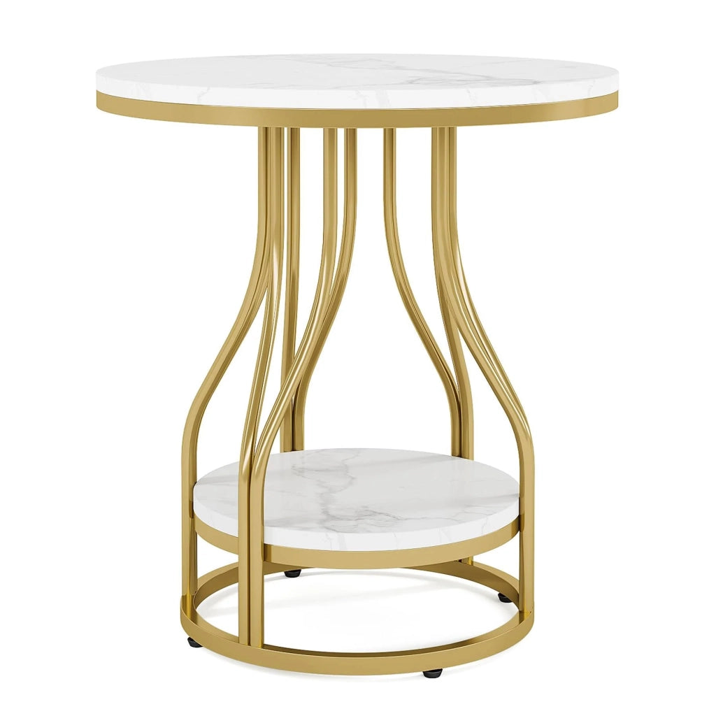 Tavolino basso fisso rotondo a 2 ripiani in marmo artificiale bianco e oro 50 × 50 × 60 cm