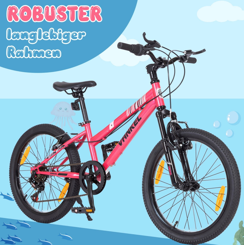 MTB per bambini 20 pollici in acciaio rosa, 6 velocità, freni V, per la scuola