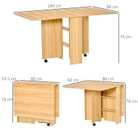 Tavolo da Pranzo Pieghevole, Tavolo a Ribalta per 4-6 Persone, Tavolo da Cucina Salvaspazio Moderno con 2 Ripiani e 2 Ruote, in Legno, 140x80x74 cm, Color Legno