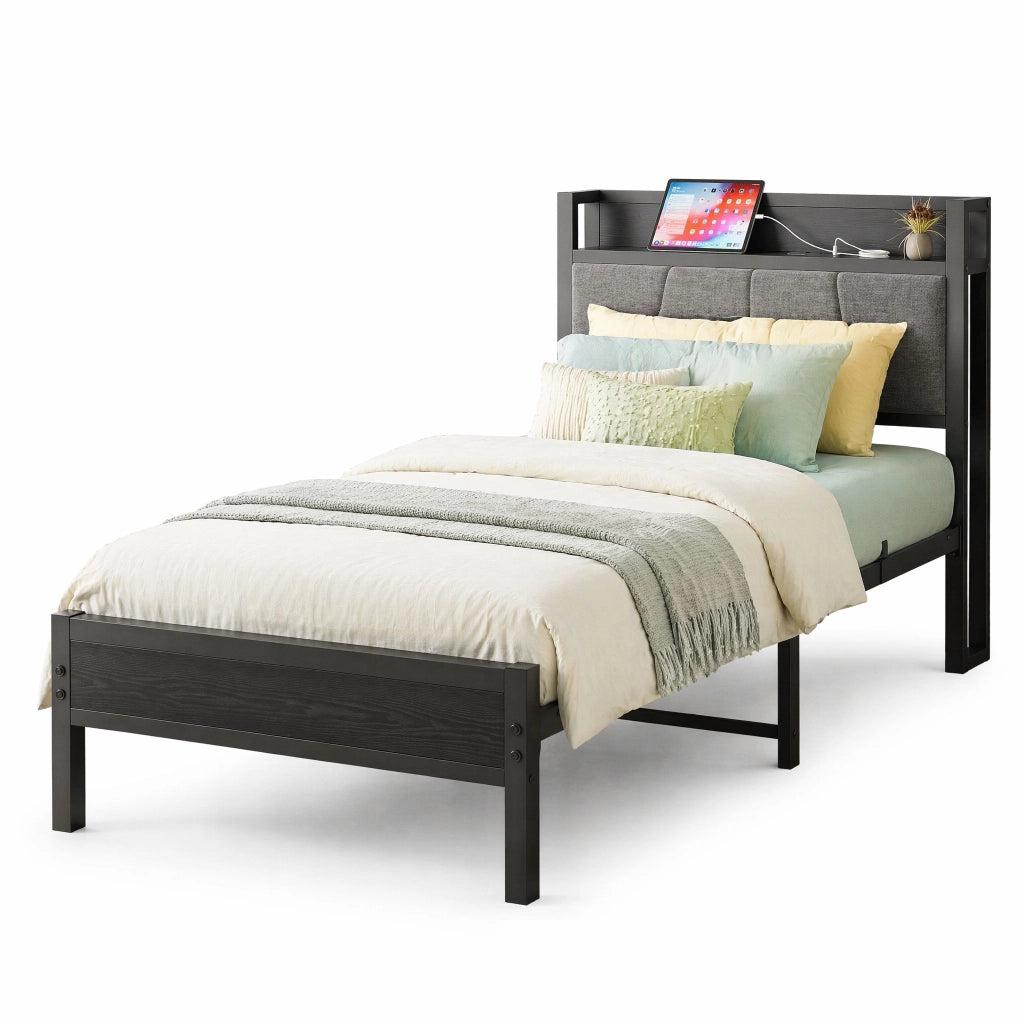 Letto singolo in metallo e MDF 90x200 cm con spazio contenitore sottoletto; nero