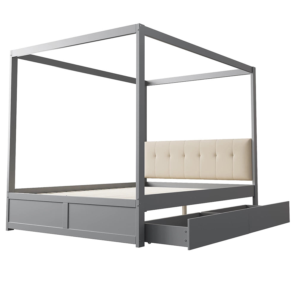 Letto-Xylo-140x200 cm-4 cassetti, testiera imbottita, legno, grigio