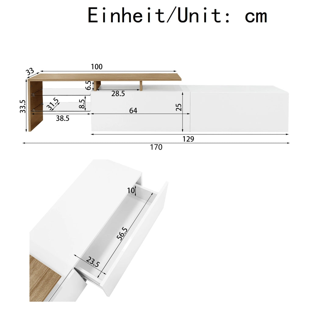 Mobile TV con 2 Vani e 3 Ripiani in Vetro con LED; Finitura Lucida; per Soggiorno; 170 × 33 × 33.5 cm