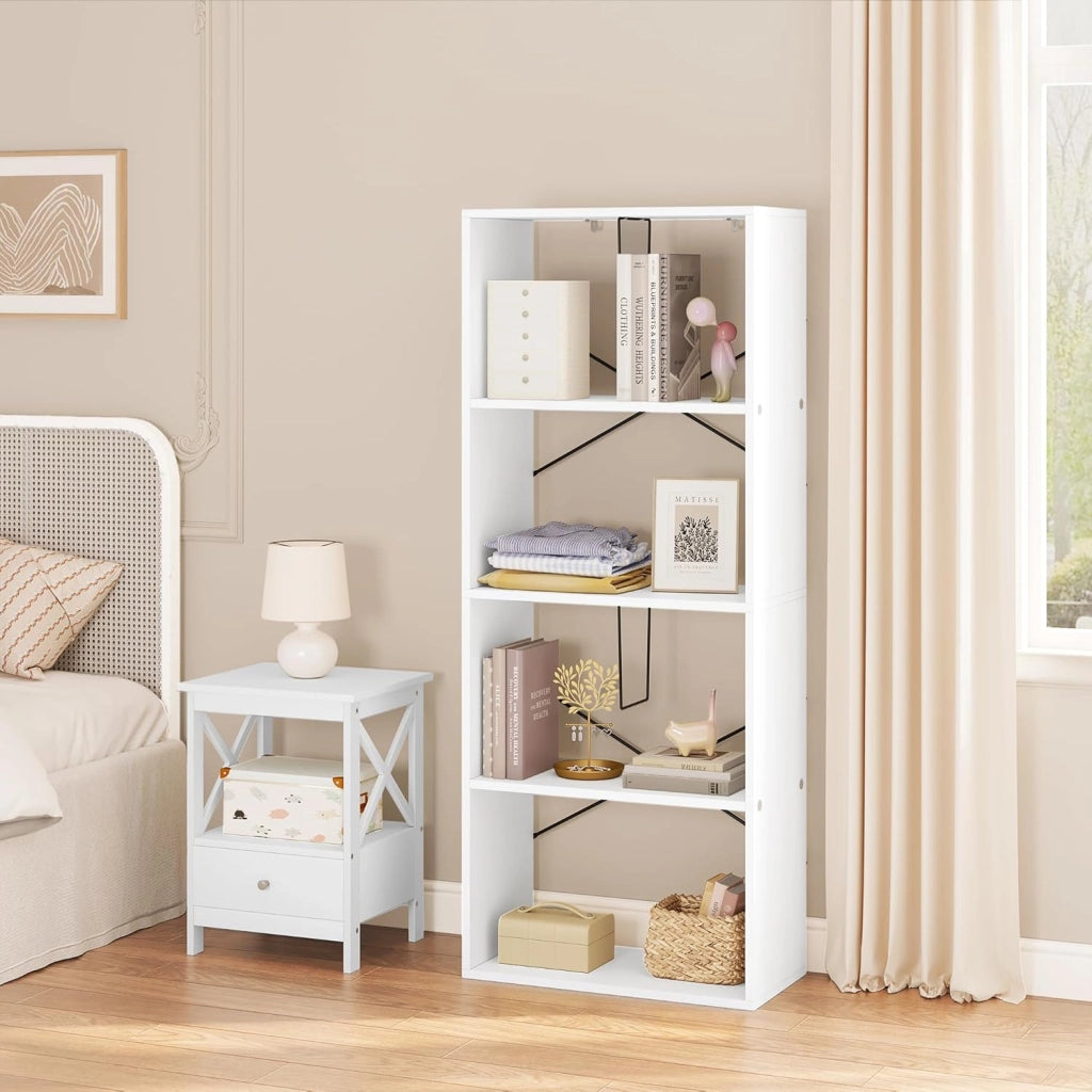 Scaffale da Soggiorno a 4 Ripiani, Libreria in Legno Salvaspazio Portaoggetti, Mobile Multiuso Moderno Bianco, per Studio, Camera da Letto, Cucina, Ufficio, 60x30x149cm