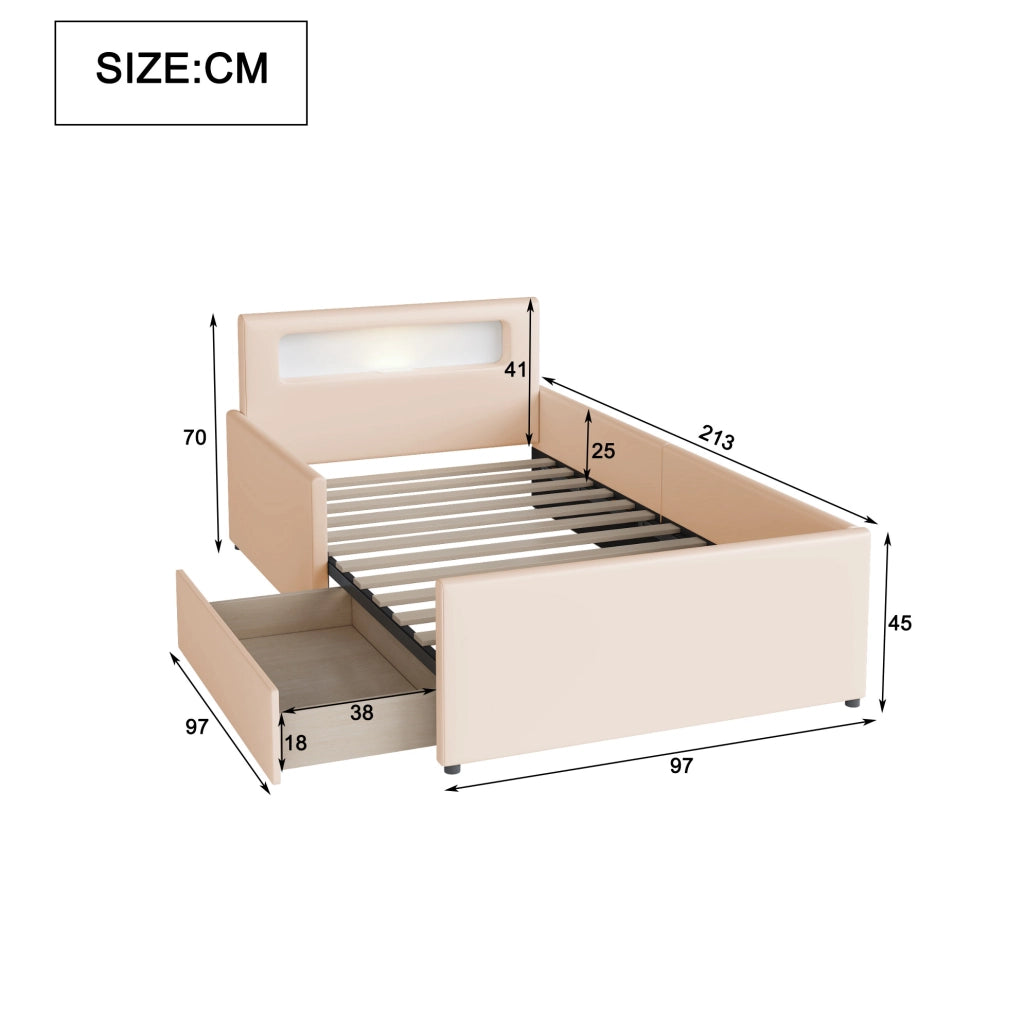 Letto singolo imbottito per bambini 90x200 cm beige con LED e USB