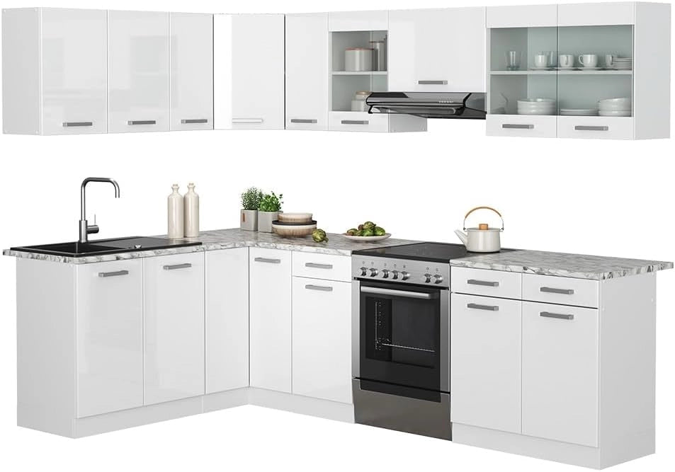 Cucina ad angolo Rick, Bianco lucido/bianco, 270 x 60 cm, PL Marmo, con moduli combinabili in modo variabile e piedi regolabili in altezza