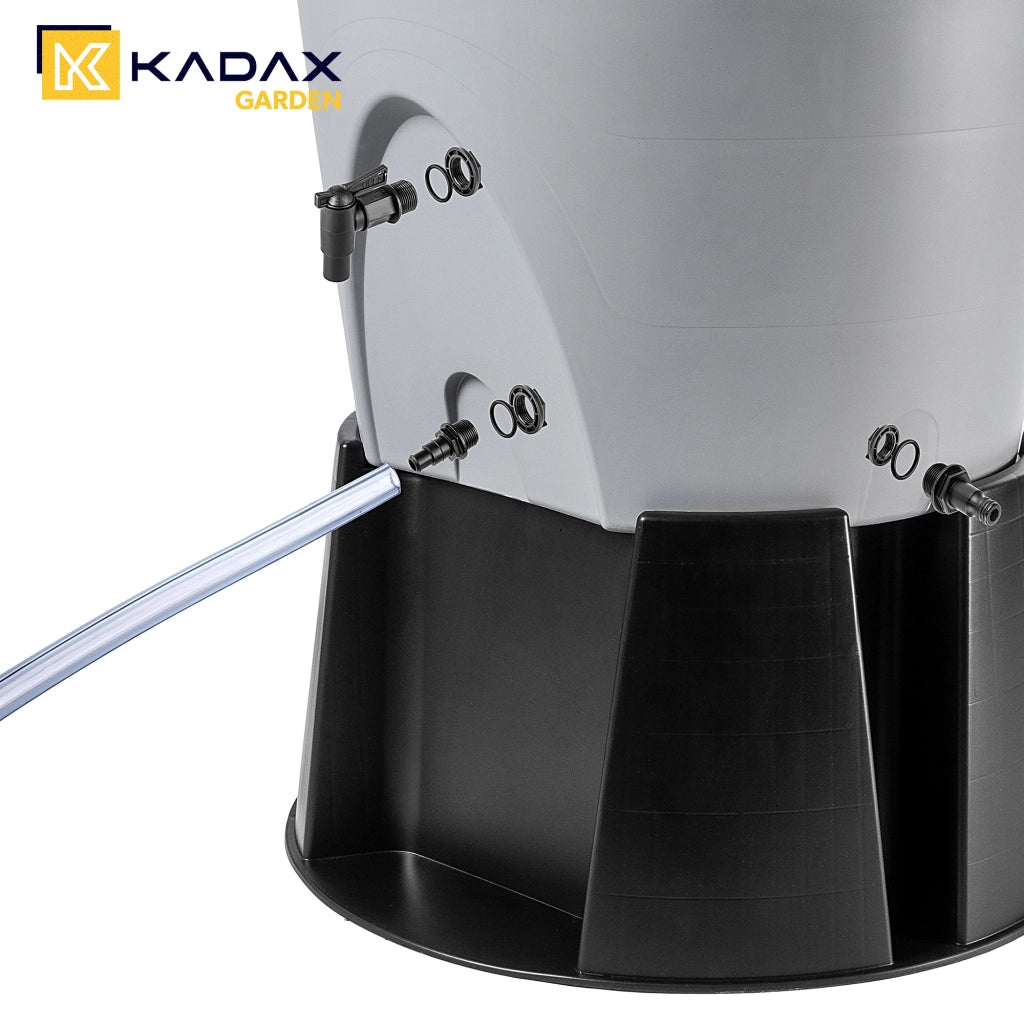 Serbatoio per acqua piovana KADAX 260L, kit di collegamento per barile d'acqua, base per rubinetto