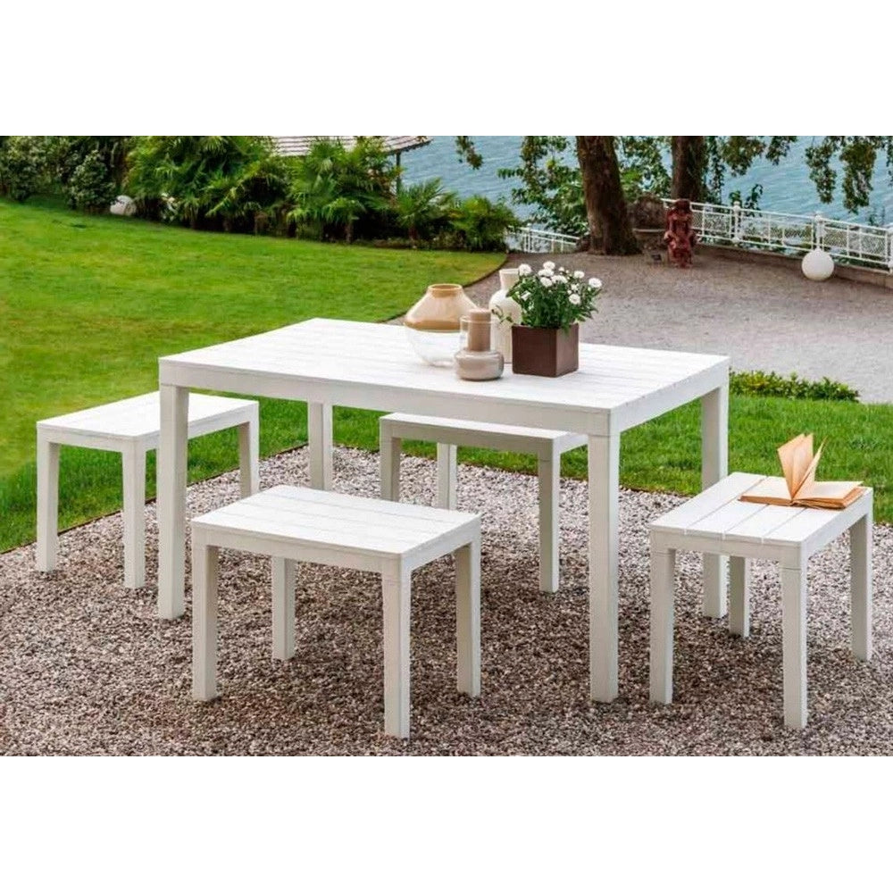 Trade Shop - Set Salotto Samoa Da 5pz Con Tavolo Rettangolare 4 Panche 4 Posti Bianco Arredo 090644 -