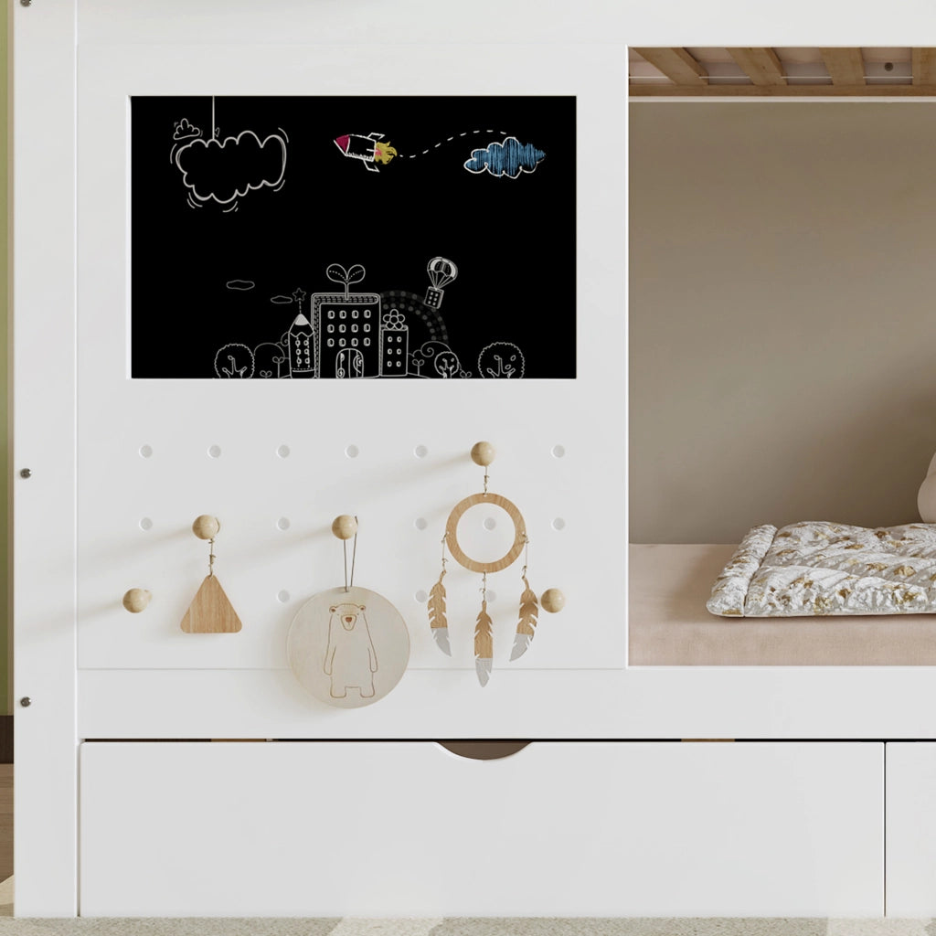 Letto a Castello 90x200 cm - Armadio a Gradini; 2 Cassetti e Ganci - Bianco e Verde