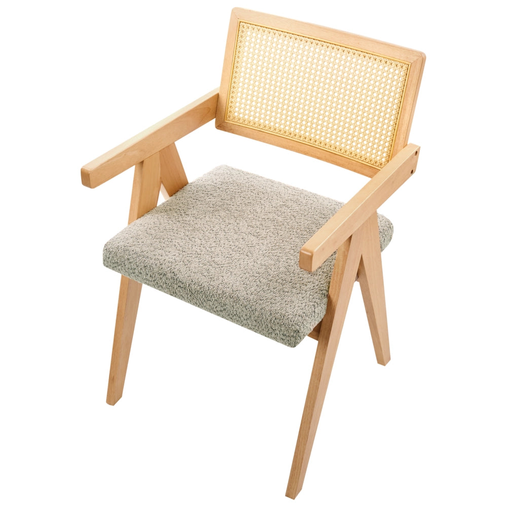 Set di 2 sedie da pranzo marrone chiaro e tortora con rivestimento bouclé e struttura in legno di gomma per sala da pranzo e cucina in stile retrò