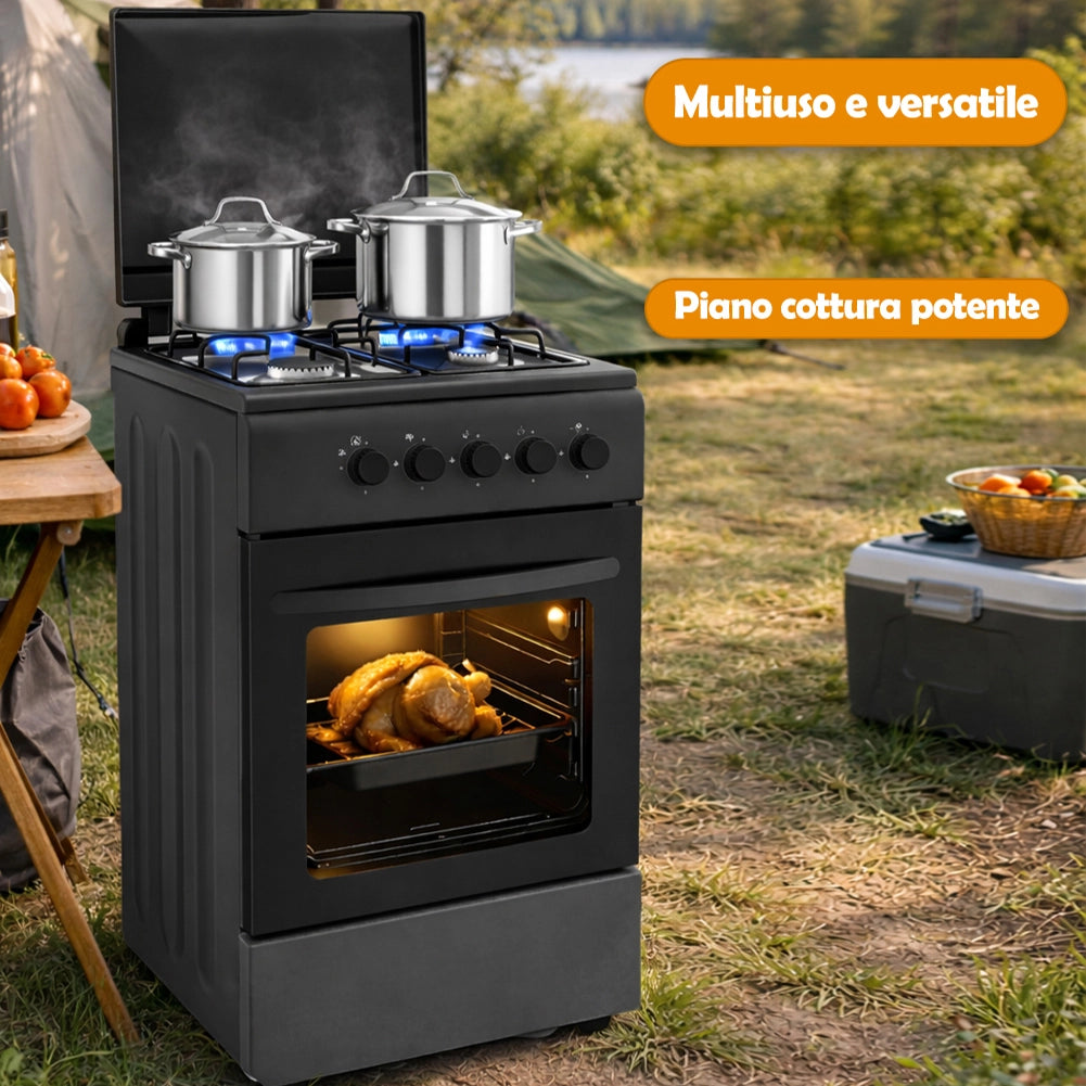 Cucina a Gas 86x50x50 cm Piano Cottura a 4 Fuochi da Esterno con Forno e Coprifuochi Nero