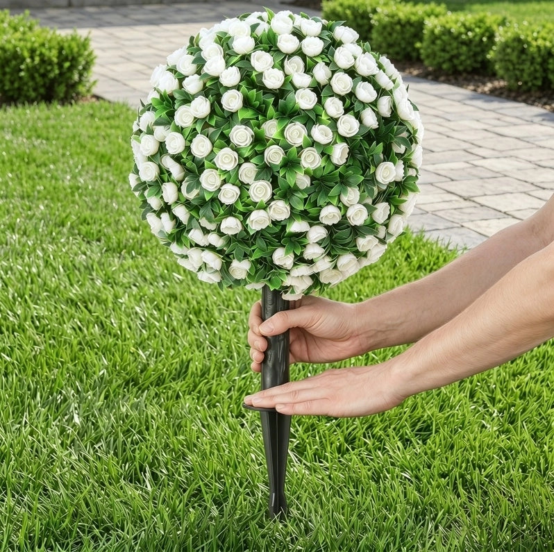 Set di 2 Sfere di Rose Artificiali da 55 cm, Resistenti ai Raggi UV per Esterni, Colore Bianco