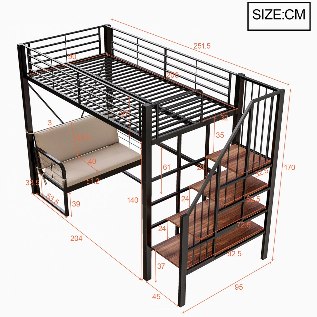Letto a castello 90 × 200 cm con divano imbottito, scala con contenitore, senza materasso, metallo nero