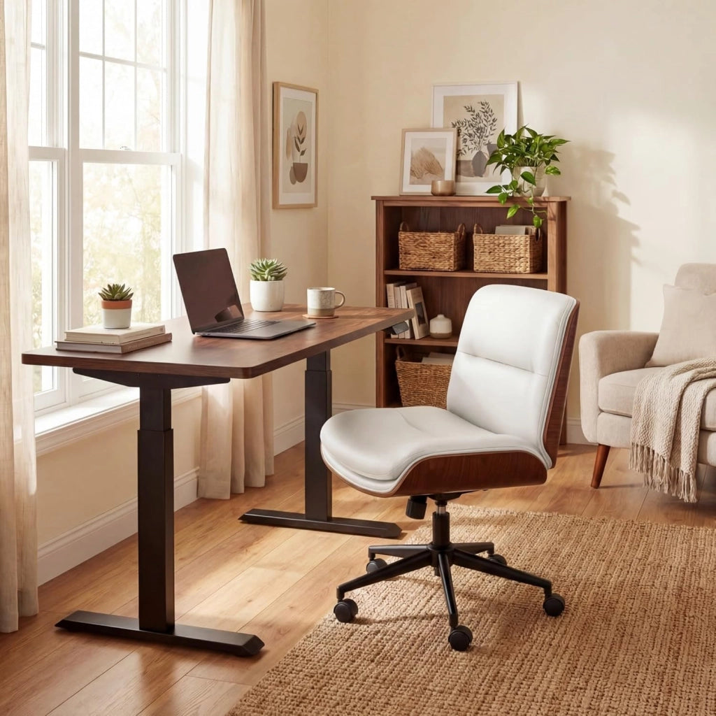 Sedia da Ufficio Girevole, Regolabile in Altezza, Sedia Ergonomica Scrivania con Schienale e Cuscini Imbottiti, Poltrona senza Braccioli con Ruote, per Lavoro, Studio e Relax (Bianco)