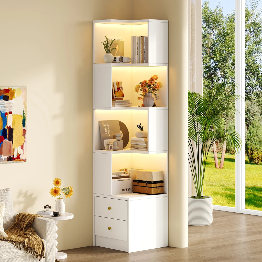 Libreria angolare a L con illuminazione LED controllabile da app, 45 x 43,5 x 180 cm, bianca