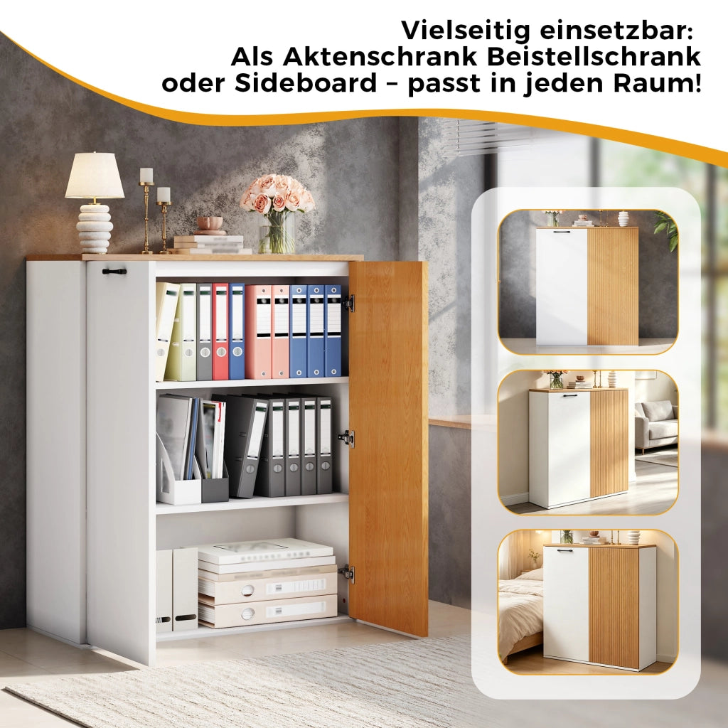 Mobile contenitore con ante e frontale a doghe; 80 x 40 x 110 cm; MDF bianco e rovere