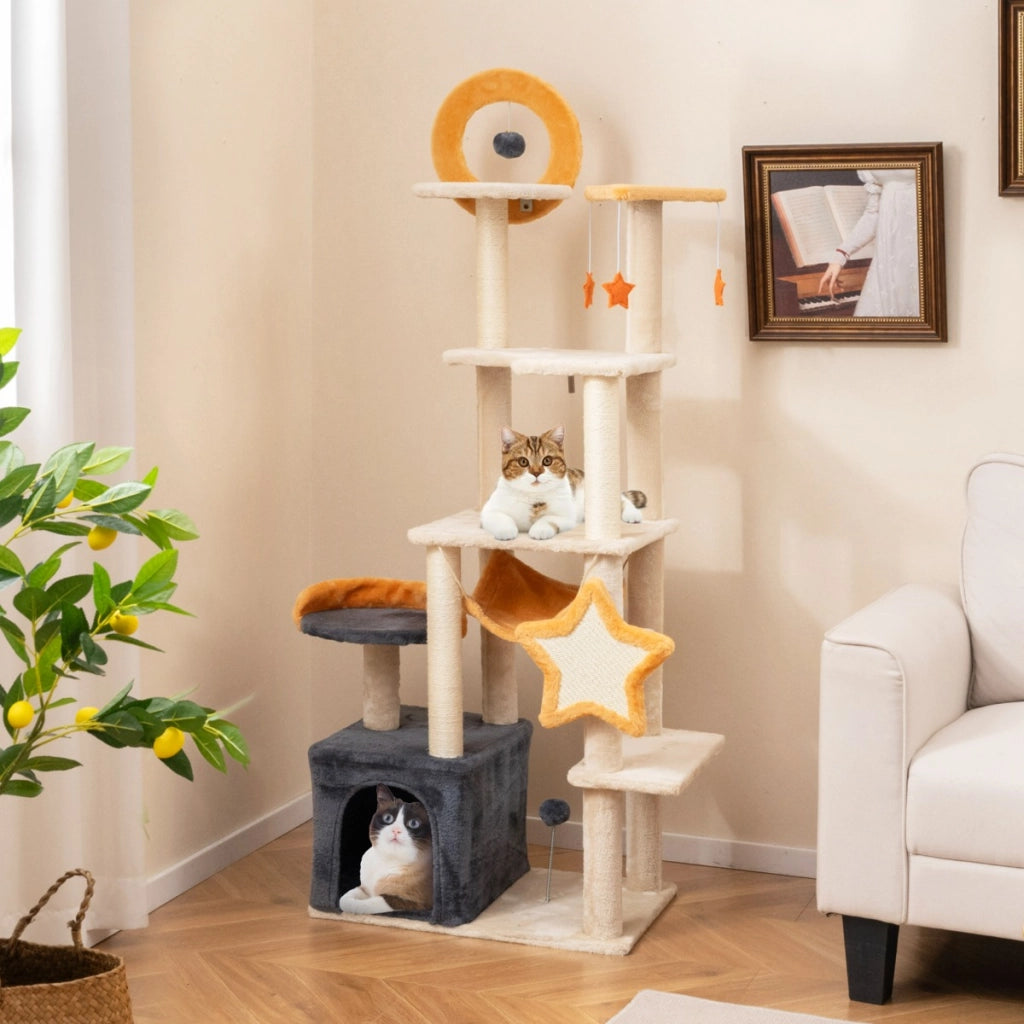 Torre per gatti multi-livello con pali e tavole da graffio in sisal, Albero per gatti da interno da 160 cm