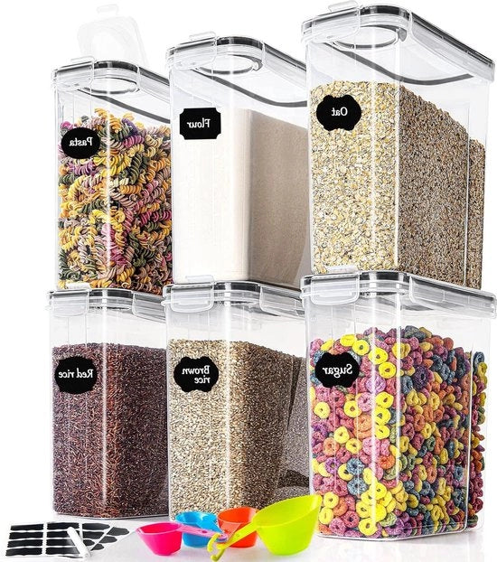 Set di 6 Contenitori di Stoccaggio in Plastica per Cucina - Impermeabili - Contenitori di Stoccaggio con Coperchio per Pasta, Muesli, Riso, Farina - Dispensatore di Cibo per Animali da Compagnia