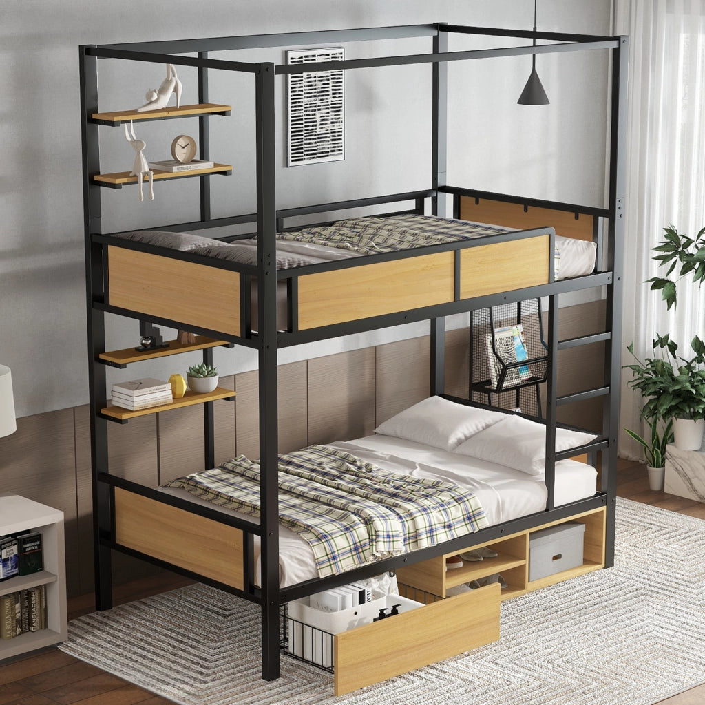 Letto a castello 90x200 cm con doppio ripiano e contenitore in metallo e MDF nero e naturale