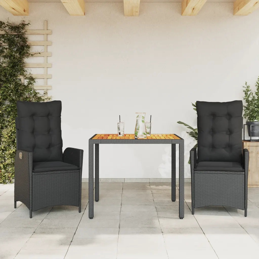 Set da Pranzo da Giardino 3 pz | Set Salotto da Giardino con Cuscini Nero in Polyrattan