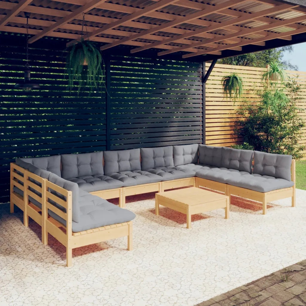 Set Divani da Giardino 10 pz con Cuscini Grigi Massello di Pino cod mxl 42615