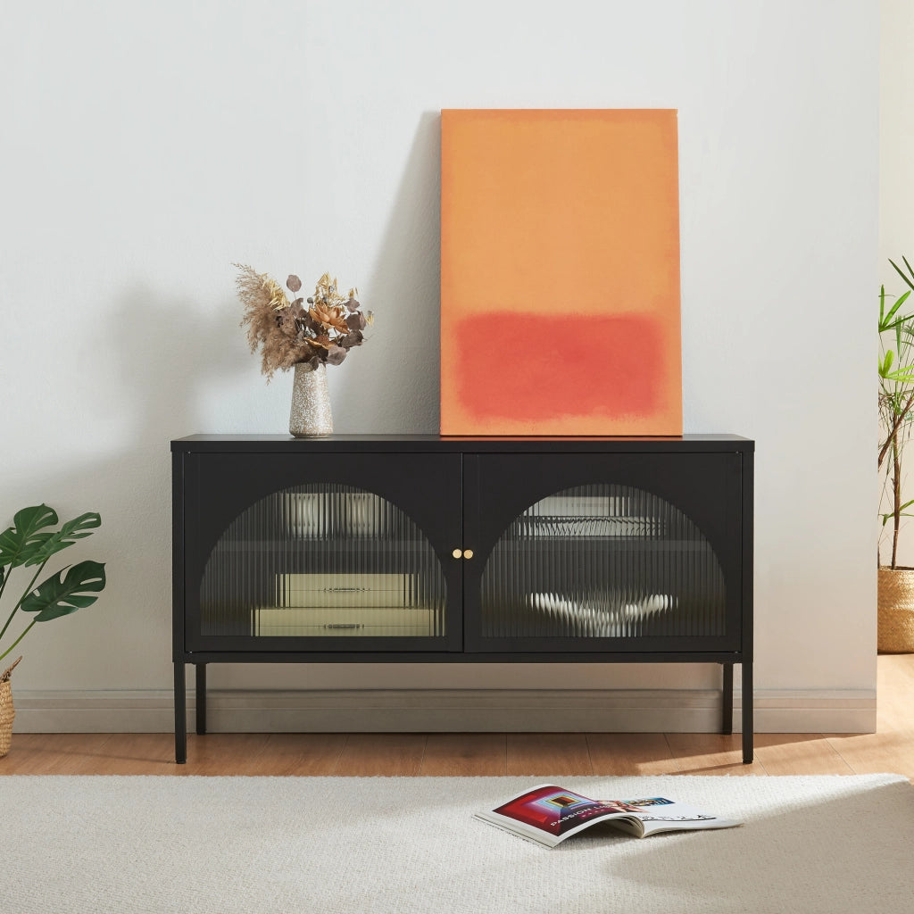 Mobile TV Karlskrona con Ante a Vetrata 115x35x64 cm Acciaio Nero Opaco [en.casa]
