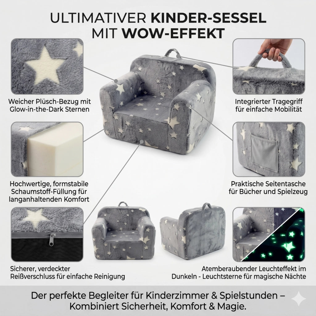 Poltrona per bambini con braccioli in tessuto grigio a stelle luminose rivestimento sfoderabile e lavabile