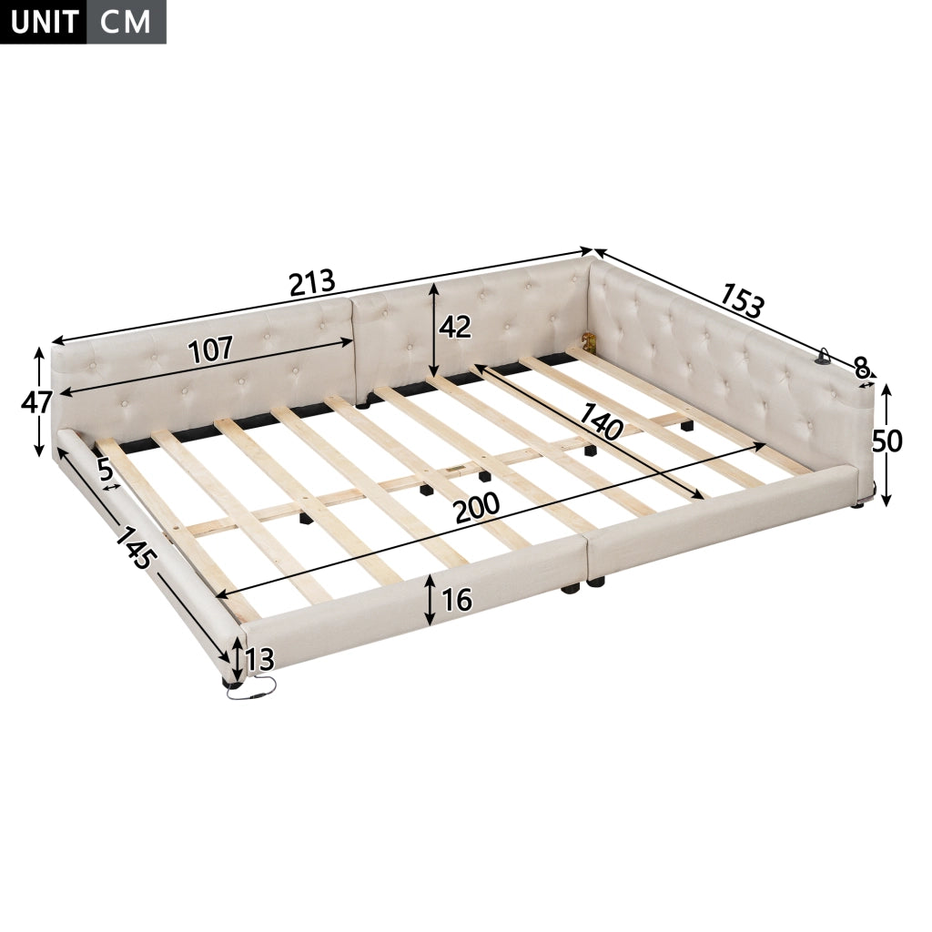 Divano letto 140x200 cm in lino beige con rete a doghe, LED RGB, USB e Type-C