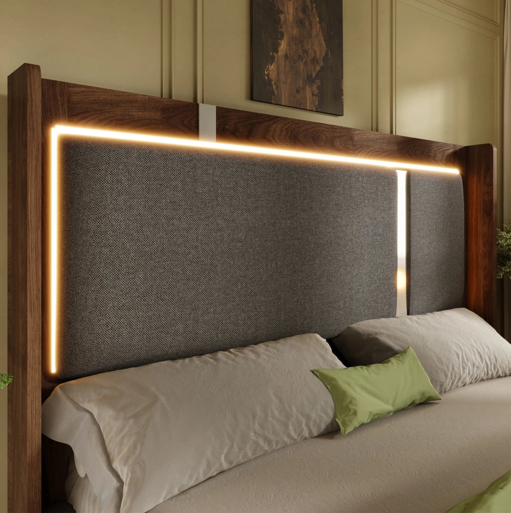 Letto matrimoniale 140x200 cm imbottito con LED; contenitore idraulico; grigio e noce