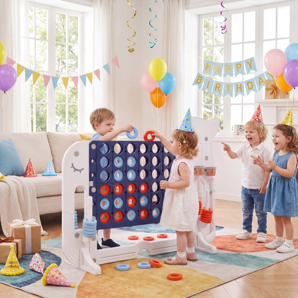 Forza 4 gigante altezza regolabile per bambini, Gioco 4 in linea 42 pedine pallone basket 2 palline mazza golf 3 anelli 2 portabicchieri Blu scuro