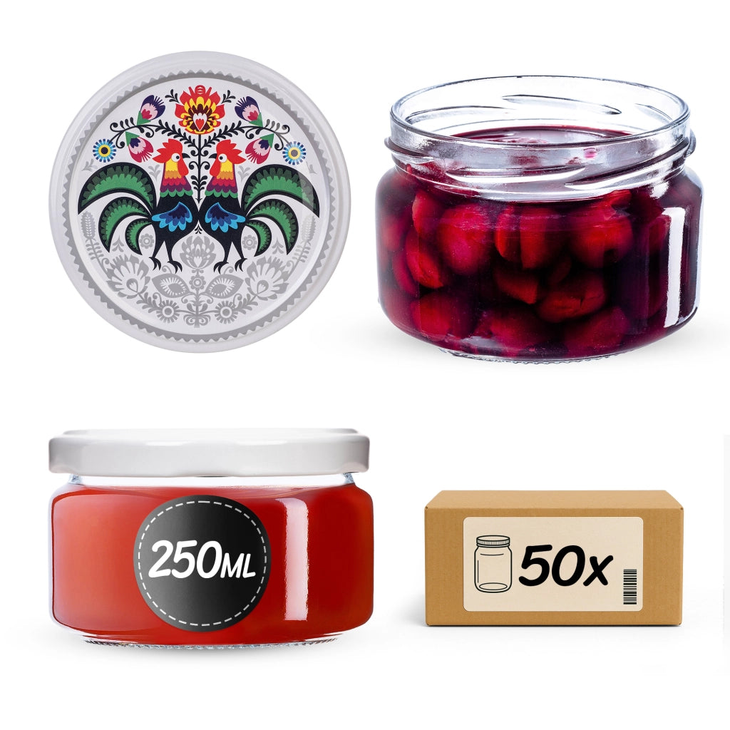 KADAX Barattoli per conserve Denia 250ml 50 pezzi 82mm + coperchio "Folklore con gallo"