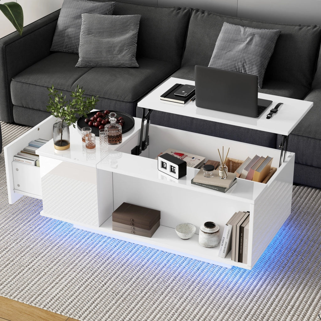 Tavolino da salotto 100x50x40 cm; sollevabile con contenitore nascosto e LED; pannello truciolare bianco