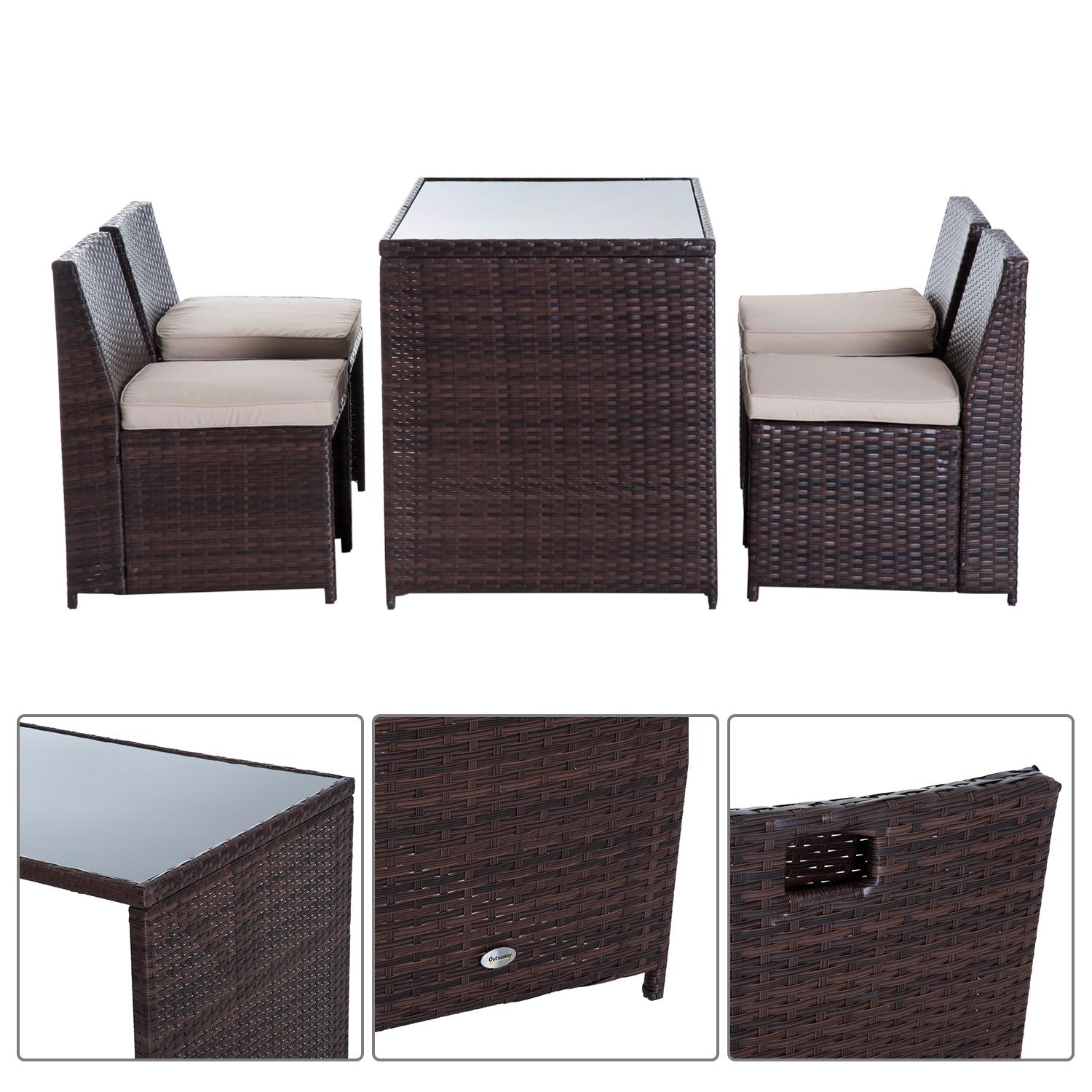 Set Tavolo e 4 Sedie da giardino in Rattan Sintetico e Acciaio con Cuscini Marrone