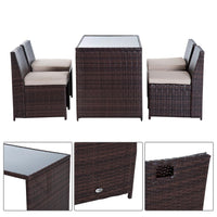 Set Tavolo e 4 Sedie da giardino in Rattan Sintetico e Acciaio con Cuscini Marrone