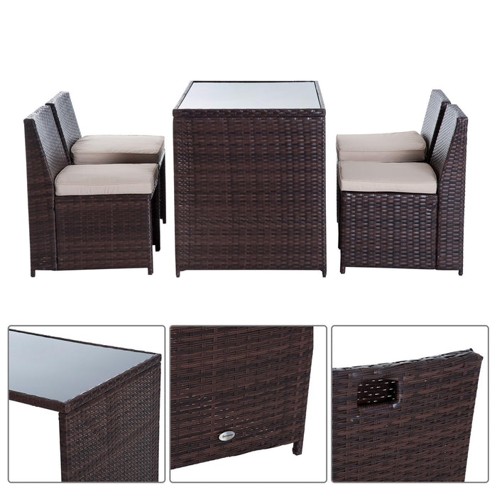 Set Tavolo e 4 Sedie da giardino in Rattan Sintetico e Acciaio con Cuscini Marrone