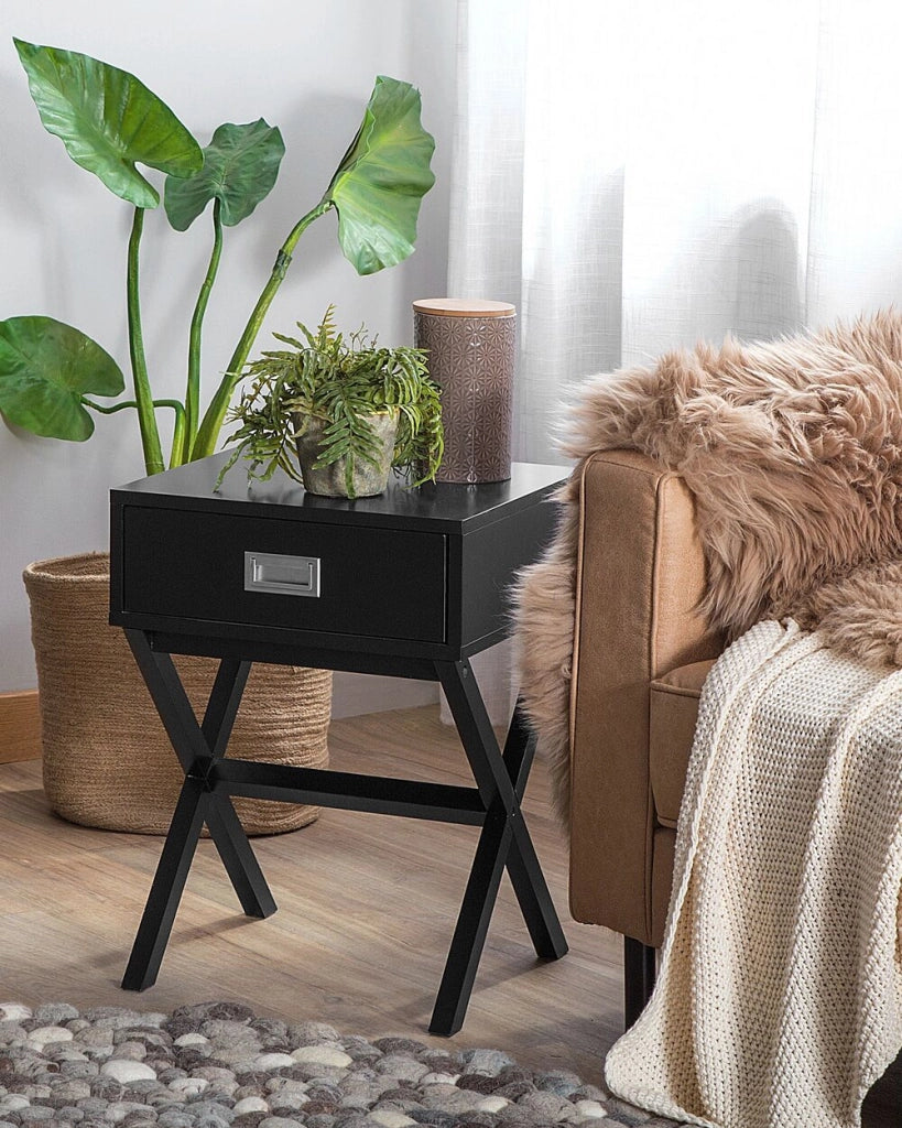Comodino Nero Rettangolare Cassetto Portaoggetti Gambe In Legno Scandinavo