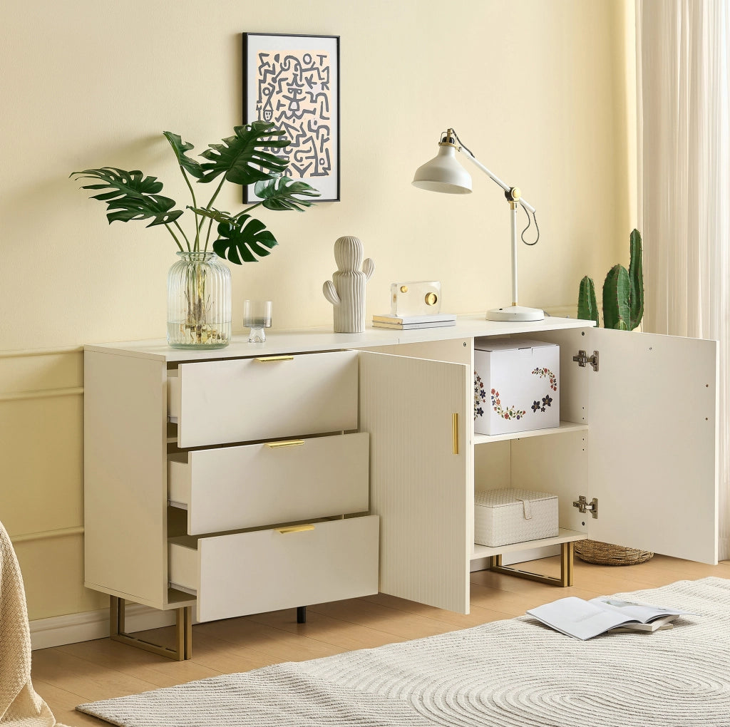 Credenza 160x40x81，5 cm in MDF bianco， 2 ante e 3 cassetti