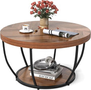 Tavolino da Caffè Rotondo a 2 Ripiani, Tavolo da Salotto in Legno con Struttura in Metallo, Tavolino Soggiorno Industriale con Piedini Regolabili, 80 x 80 x 45 cm (Moderno)